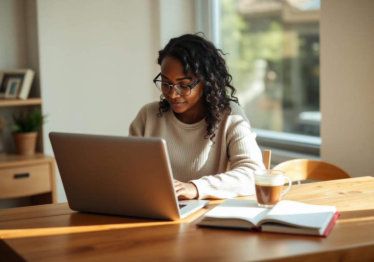 An African American woman in her 40s using a laptop in a warm, sunlit room