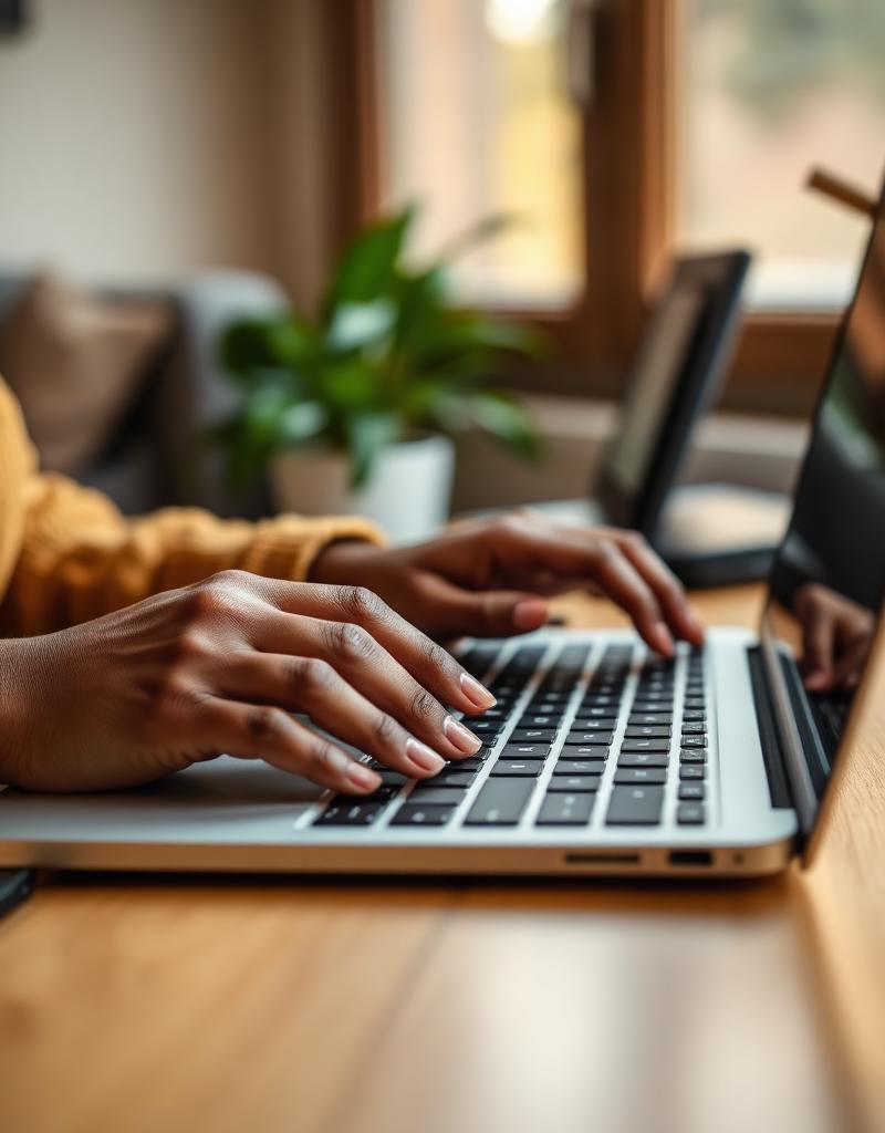 An African American woman in her 40s using a laptop in a warm, sunlit room